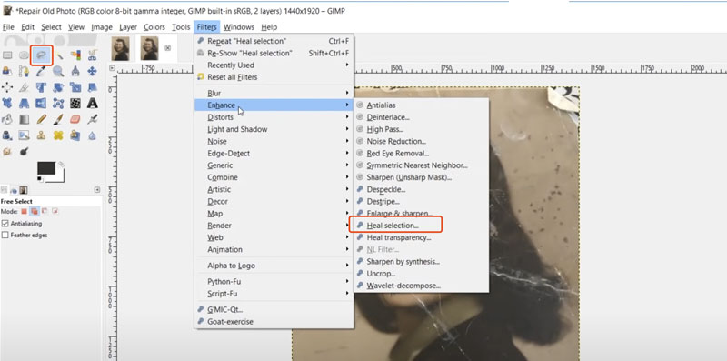 Restore An Image In Gimp Heal Selection