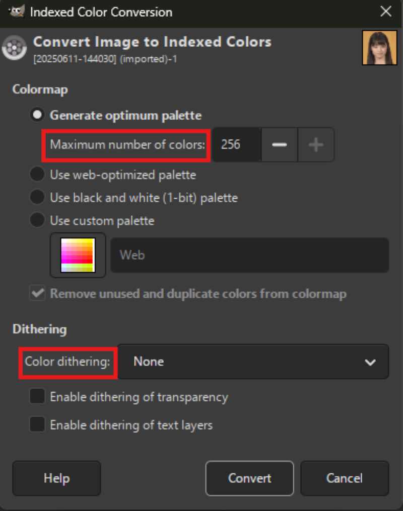 Gimp Indexed Color Parameter