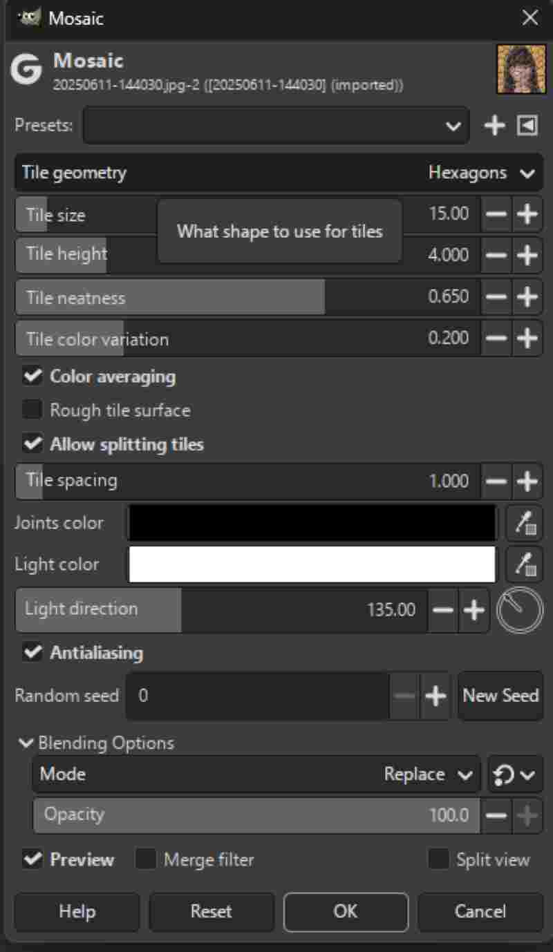 Gimp Mosaic Filter Parameter
