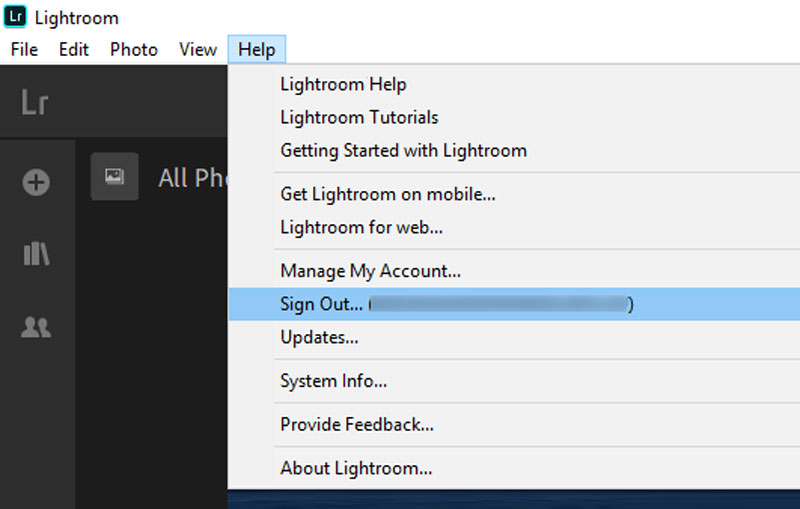 Lightroom Help Sign Out