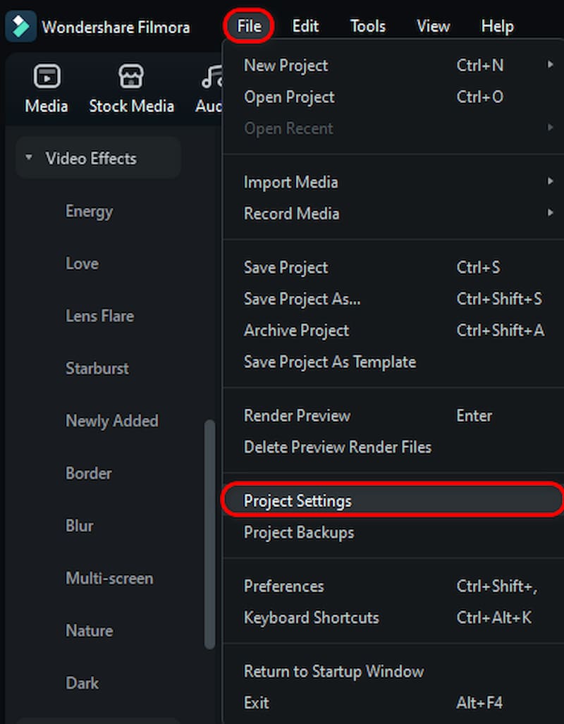 Wondershare Project Settings